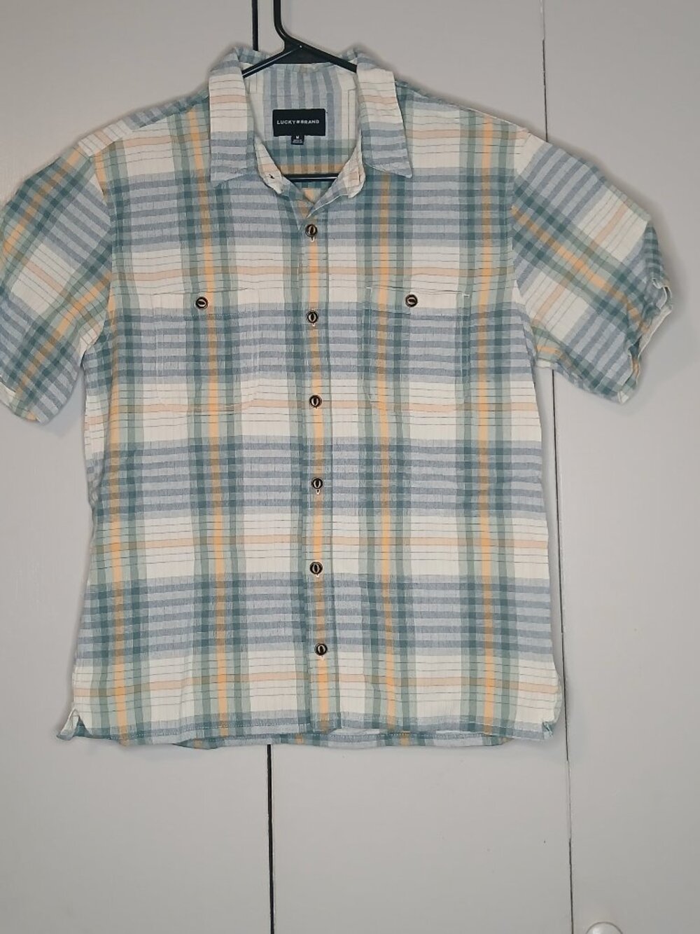 Lucky Brand Men's Medium Blue/Gray/Yellow Plaid Cotton Shirt (1149B3)